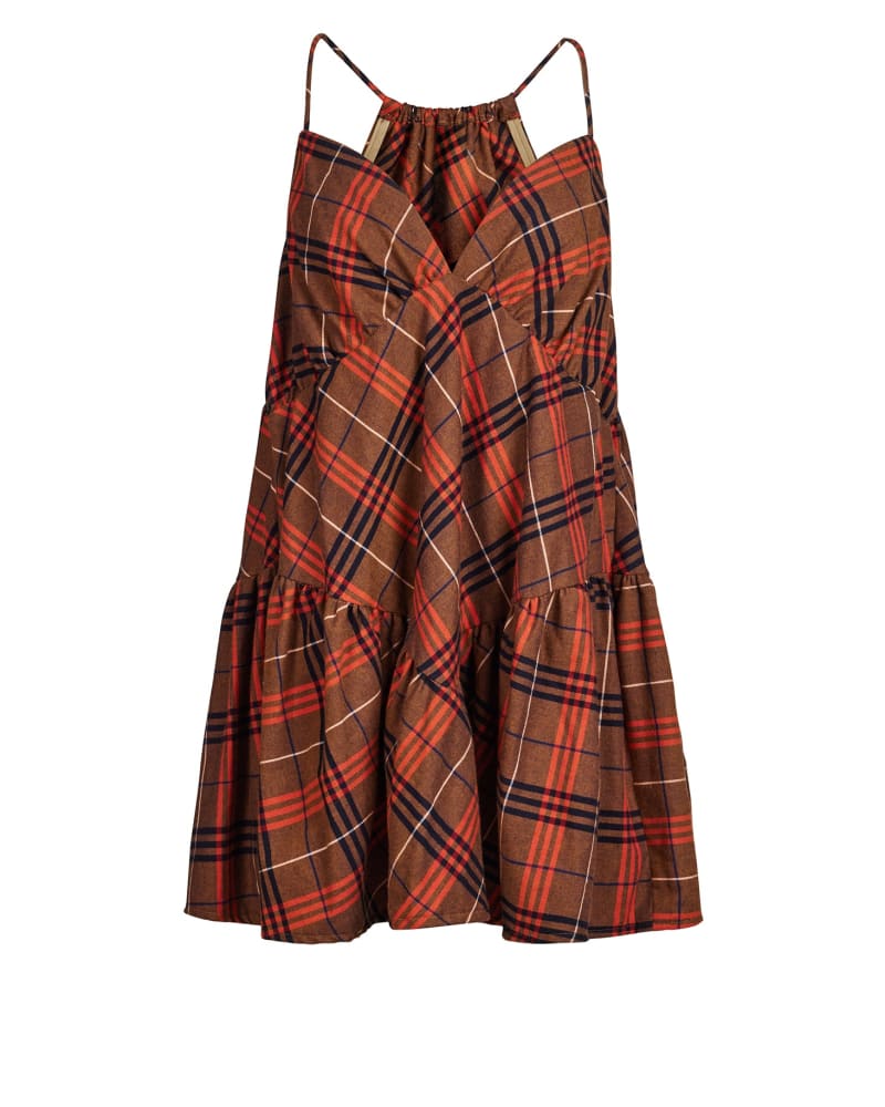 Front of a size 2X Plaid Mini Dress in Brown by Hilary MacMillan. | dia_product_style_image_id:314069